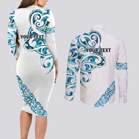 All White Maori Tribal Tattoo Personalised Couples Matching Long Sleeve Bodycon Dress and Long Sleeve Button Shirt Polynesian Style LT9 - Polynesian Pride