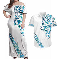 All White Maori Tribal Tattoo Personalised Couples Matching Off Shoulder Maxi Dress and Hawaiian Shirt Polynesian Style LT9 White - Polynesian Pride