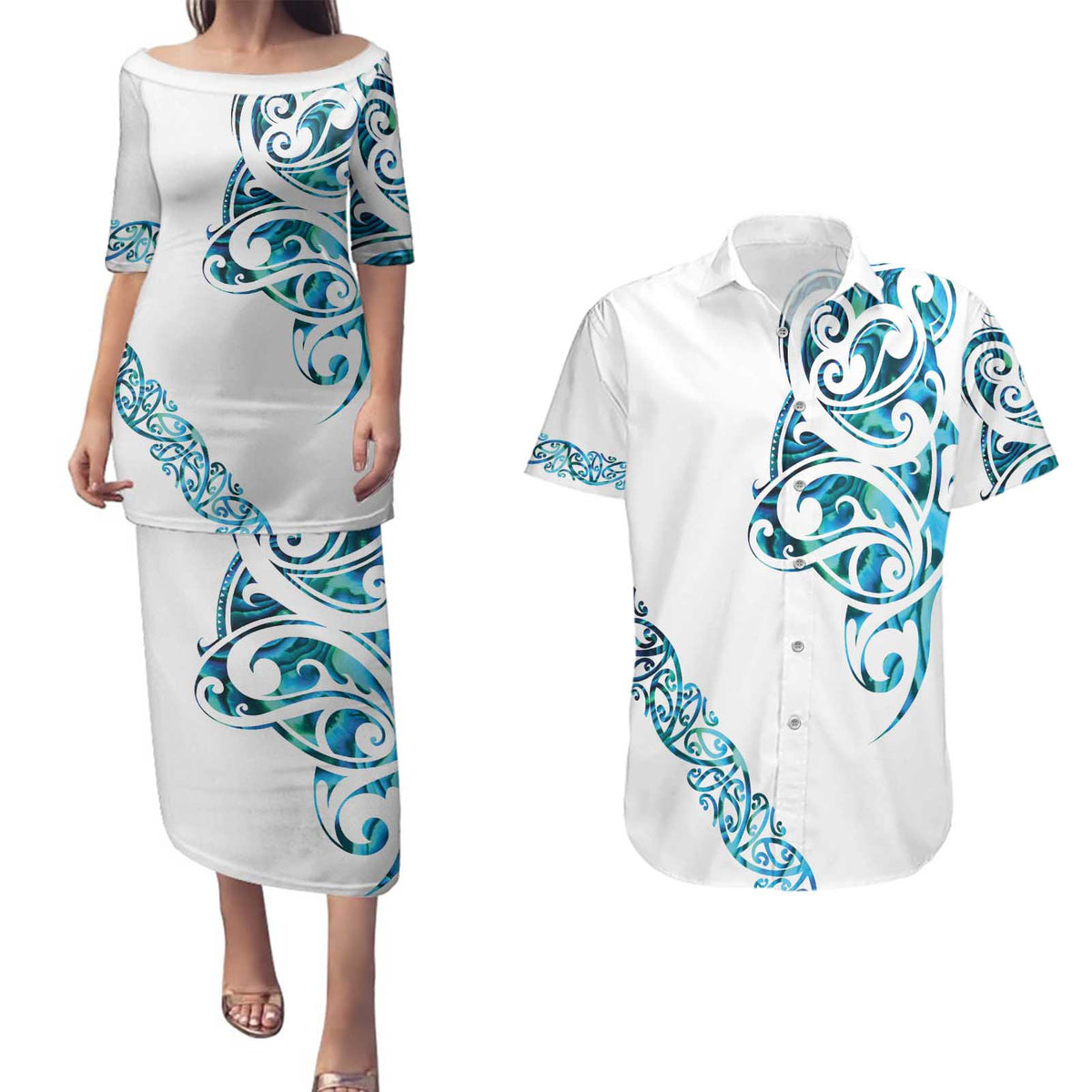All White Maori Tribal Tattoo Personalised Couples Matching Puletasi and Hawaiian Shirt Polynesian Style LT9 White - Polynesian Pride