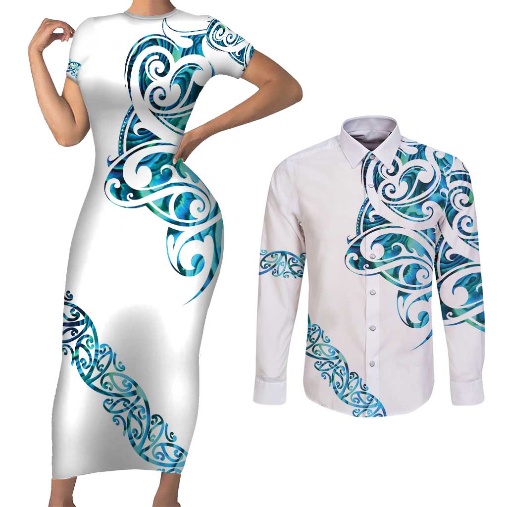 All White Maori Tribal Tattoo Personalised Couples Matching Short Sleeve Bodycon Dress and Long Sleeve Button Shirt Polynesian Style LT9 White - Polynesian Pride