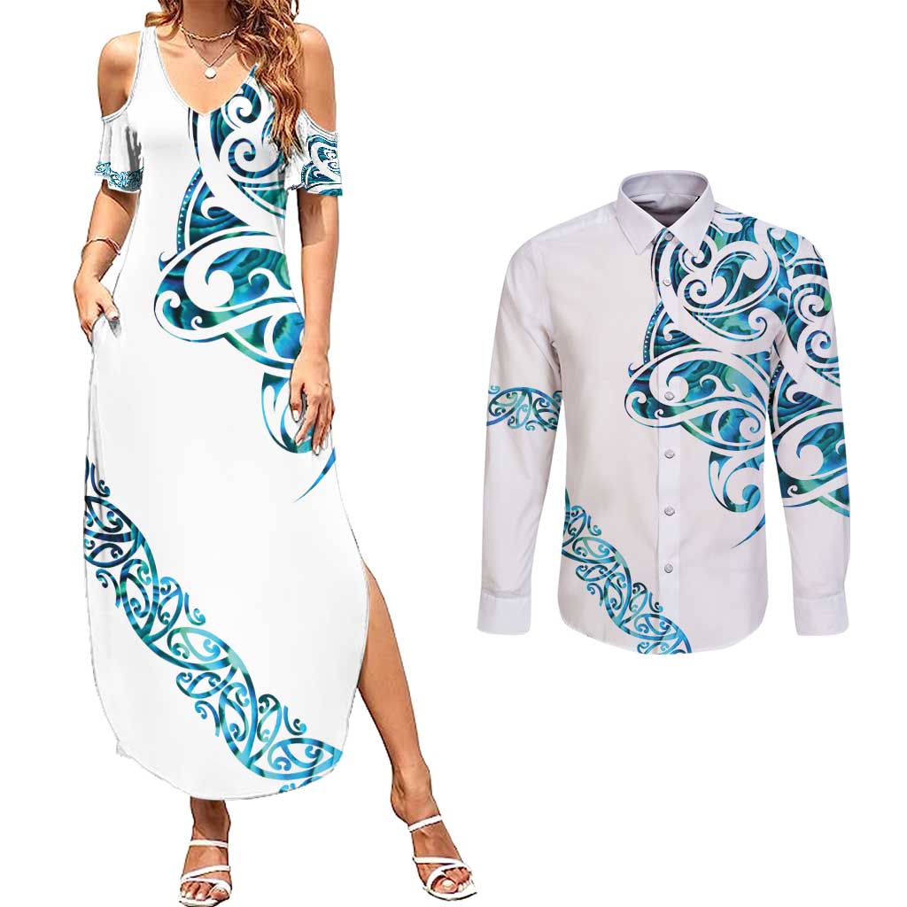 All White Maori Tribal Tattoo Personalised Couples Matching Summer Maxi Dress and Long Sleeve Button Shirt Polynesian Style LT9 White - Polynesian Pride