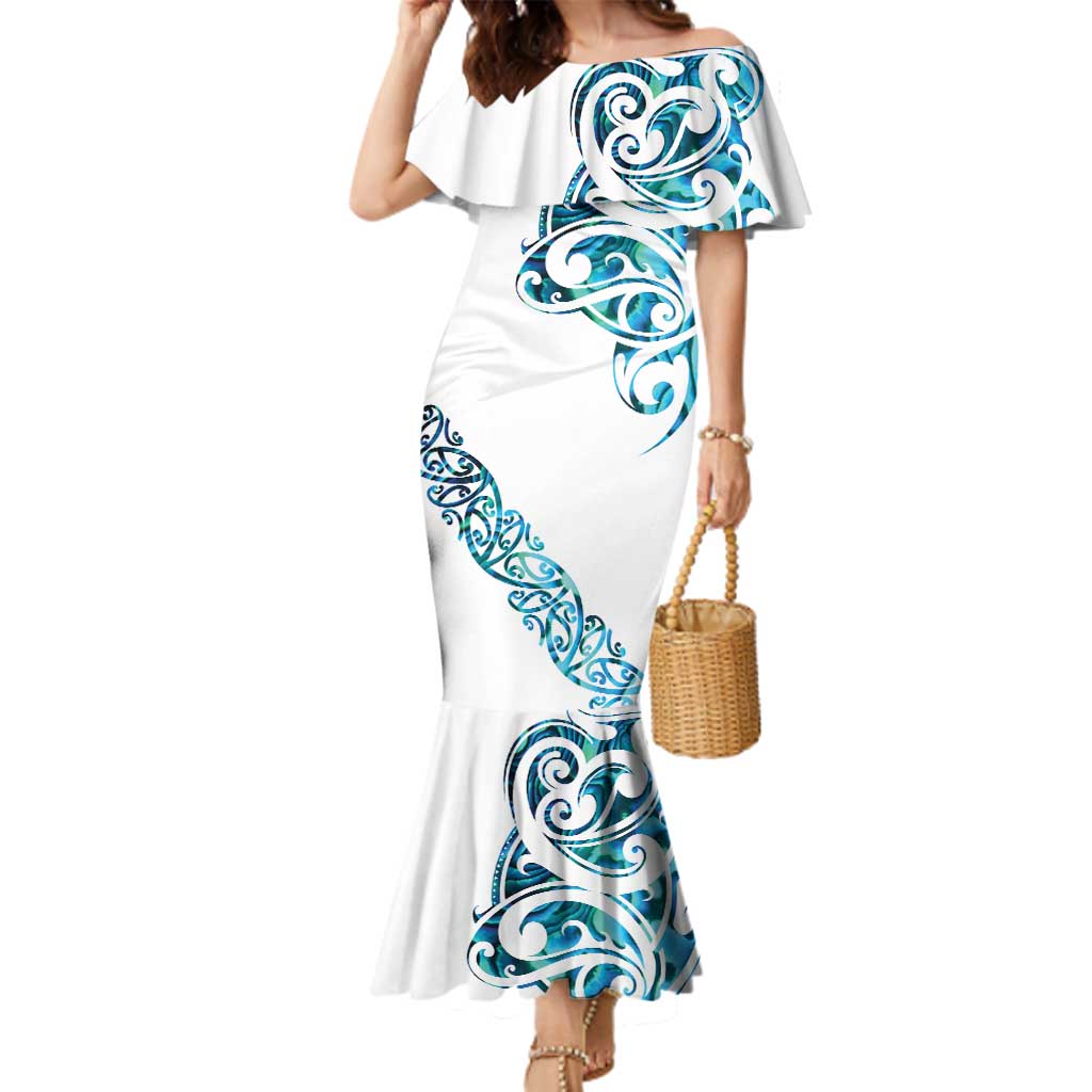 All White Maori Tribal Tattoo Personalised Family Matching Mermaid Dress and Hawaiian Shirt Polynesian Style LT9 Mom's Dress White - Polynesian Pride