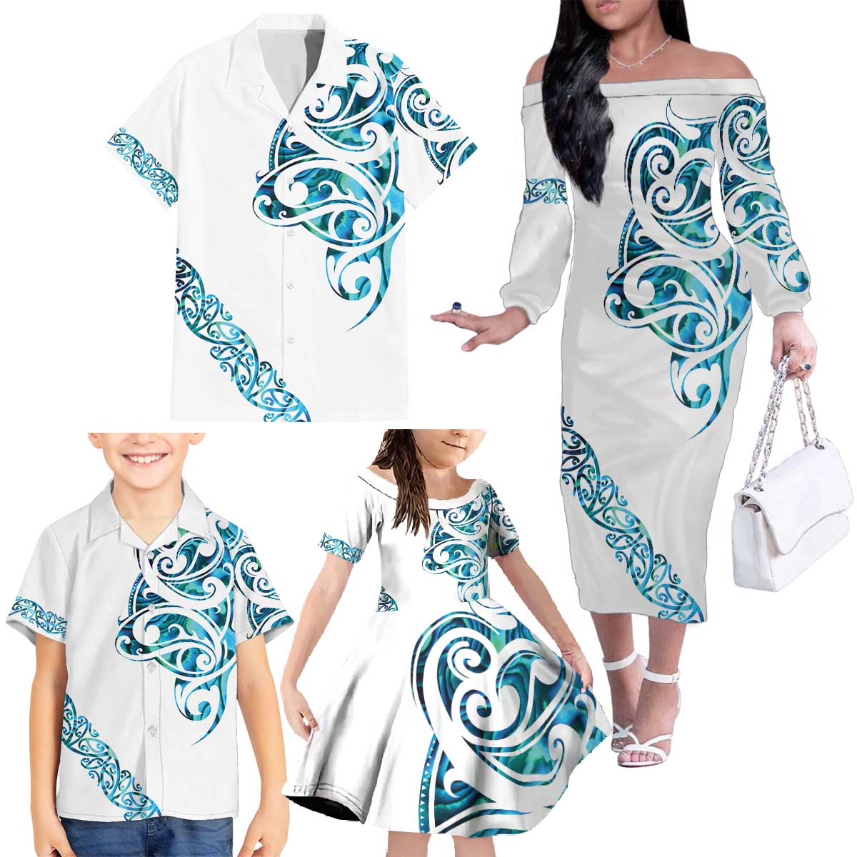 All White Maori Tribal Tattoo Personalised Family Matching Off The Shoulder Long Sleeve Dress and Hawaiian Shirt Polynesian Style LT9 - Polynesian Pride
