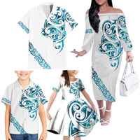 All White Maori Tribal Tattoo Personalised Family Matching Off The Shoulder Long Sleeve Dress and Hawaiian Shirt Polynesian Style LT9 - Polynesian Pride