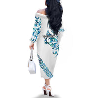 All White Maori Tribal Tattoo Personalised Family Matching Off The Shoulder Long Sleeve Dress and Hawaiian Shirt Polynesian Style LT9 - Polynesian Pride