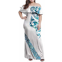 All White Maori Tribal Tattoo Personalised Family Matching Off Shoulder Maxi Dress and Hawaiian Shirt Polynesian Style LT9 Mom's Dress White - Polynesian Pride