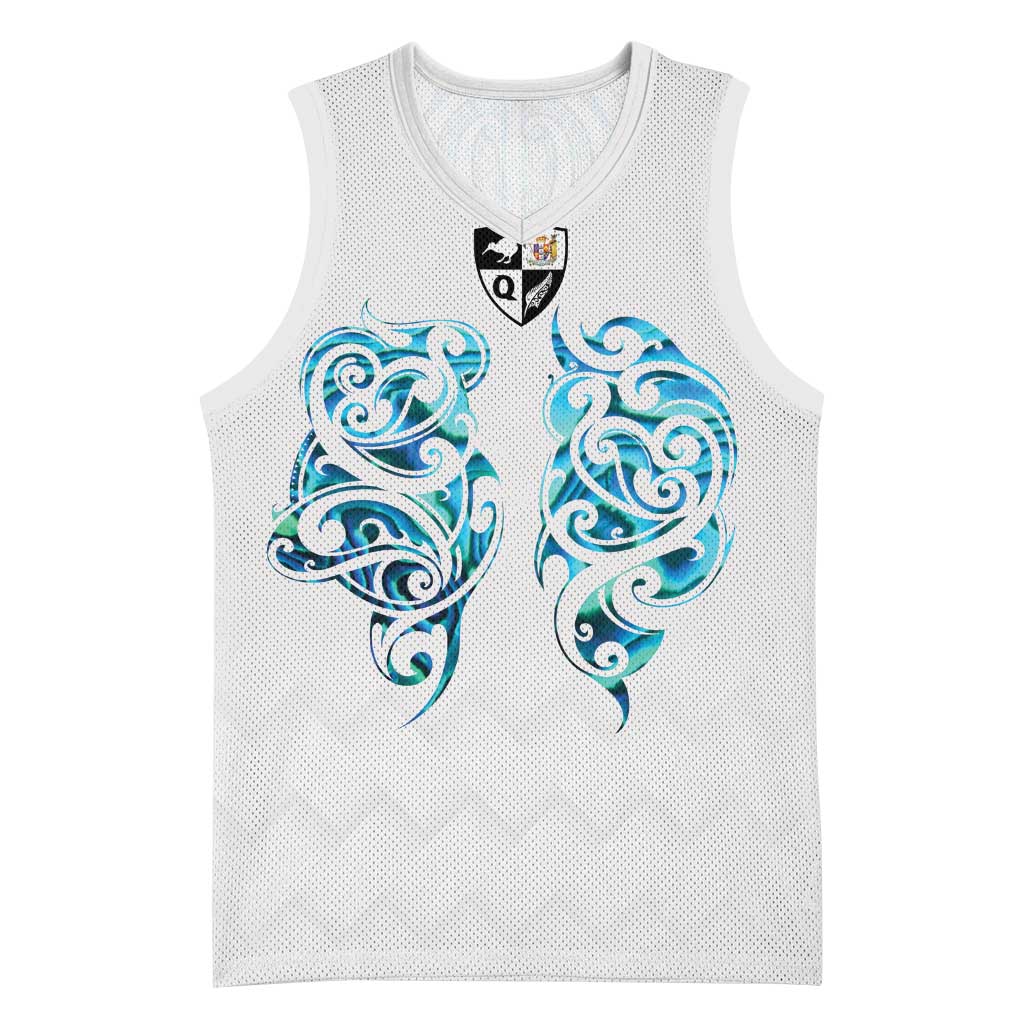 Queensland Maori Kiwi Personalised Basketball Jersey Ma Kakariki Papua Shell Maori Tribal Tattoo LT9 Unisex White - Polynesian Pride