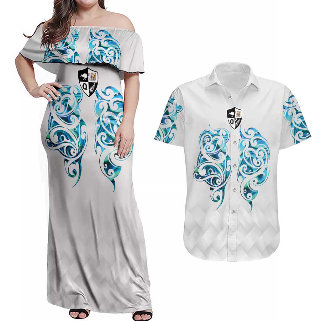 Queensland Maori Kiwi Personalised Couples Matching Off Shoulder Maxi Dress and Hawaiian Shirt Ma Kakariki Papua Shell Maori Tribal Tattoo LT9 White - Polynesian Pride