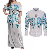 Queensland Maori Kiwi Personalised Couples Matching Off Shoulder Maxi Dress and Long Sleeve Button Shirt Ma Kakariki Papua Shell Maori Tribal Tattoo LT9 White - Polynesian Pride