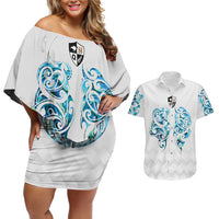 Queensland Maori Kiwi Personalised Couples Matching Off Shoulder Short Dress and Hawaiian Shirt Ma Kakariki Papua Shell Maori Tribal Tattoo LT9 White - Polynesian Pride