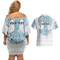 Queensland Maori Kiwi Personalised Couples Matching Off Shoulder Short Dress and Hawaiian Shirt Ma Kakariki Papua Shell Maori Tribal Tattoo LT9 - Polynesian Pride