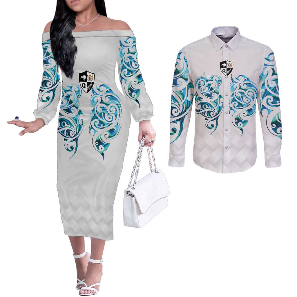 Queensland Maori Kiwi Personalised Couples Matching Off The Shoulder Long Sleeve Dress and Long Sleeve Button Shirt Ma Kakariki Papua Shell Maori Tribal Tattoo LT9 White - Polynesian Pride