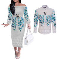 Queensland Maori Kiwi Personalised Couples Matching Off The Shoulder Long Sleeve Dress and Long Sleeve Button Shirt Ma Kakariki Papua Shell Maori Tribal Tattoo LT9 White - Polynesian Pride