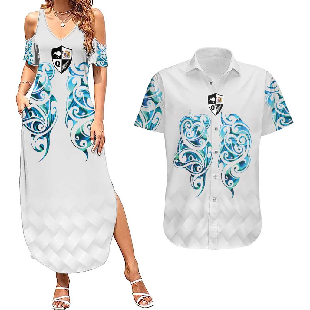 Queensland Maori Kiwi Personalised Couples Matching Summer Maxi Dress and Hawaiian Shirt Ma Kakariki Papua Shell Maori Tribal Tattoo LT9 White - Polynesian Pride