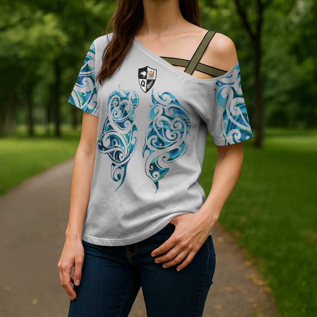 Queensland Maori Kiwi Personalised Cross Shoulder Shirt Ma Kakariki Papua Shell Maori Tribal Tattoo LT9 - Polynesian Pride
