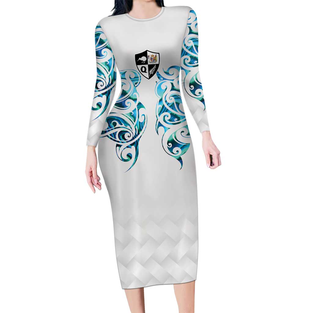 Queensland Maori Kiwi Personalised Family Matching Long Sleeve Bodycon Dress and Hawaiian Shirt Ma Kakariki Papua Shell Maori Tribal Tattoo LT9 Mom's Dress White - Polynesian Pride