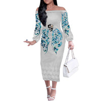 Queensland Maori Kiwi Personalised Family Matching Off The Shoulder Long Sleeve Dress and Hawaiian Shirt Ma Kakariki Papua Shell Maori Tribal Tattoo LT9 Mom's Dress White - Polynesian Pride