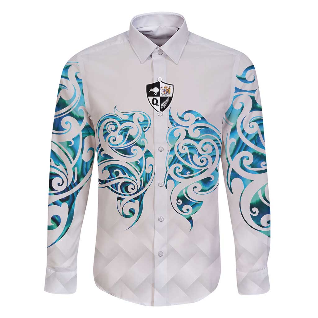 Queensland Maori Kiwi Personalised Family Matching Off Shoulder Maxi Dress and Hawaiian Shirt Ma Kakariki Papua Shell Maori Tribal Tattoo LT9 Dad's Shirt - Long Sleeve White - Polynesian Pride