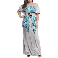 Queensland Maori Kiwi Personalised Family Matching Off Shoulder Maxi Dress and Hawaiian Shirt Ma Kakariki Papua Shell Maori Tribal Tattoo LT9 Mom's Dress White - Polynesian Pride