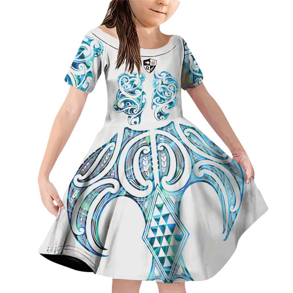 Queensland Maori Kiwi Personalised Family Matching Off Shoulder Short Dress and Hawaiian Shirt Ma Kakariki Papua Shell Maori Tribal Tattoo LT9 Daughter's Dress White - Polynesian Pride