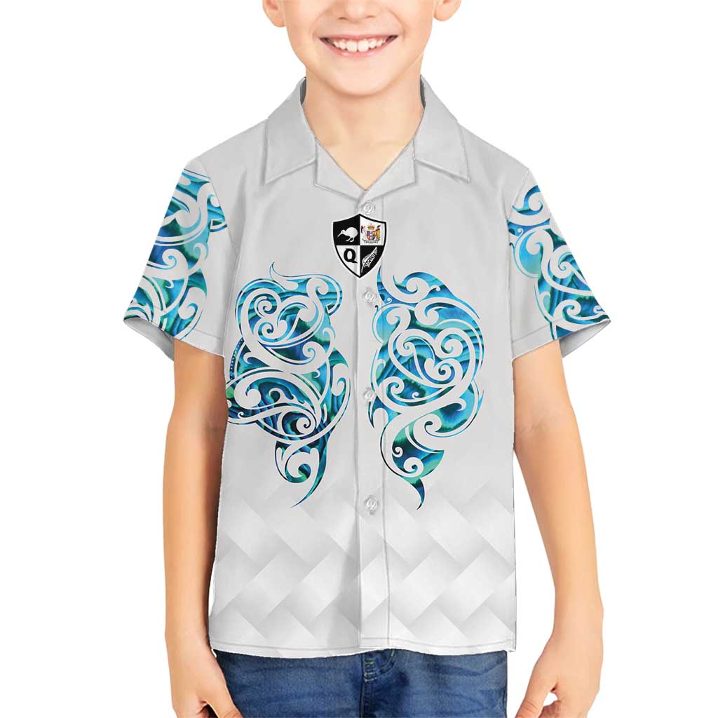 Queensland Maori Kiwi Personalised Family Matching Off Shoulder Short Dress and Hawaiian Shirt Ma Kakariki Papua Shell Maori Tribal Tattoo LT9 Son's Shirt White - Polynesian Pride