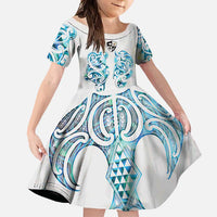 Queensland Maori Kiwi Personalised Family Matching Short Sleeve Bodycon Dress and Hawaiian Shirt Ma Kakariki Papua Shell Maori Tribal Tattoo LT9 Daughter's Dress White - Polynesian Pride