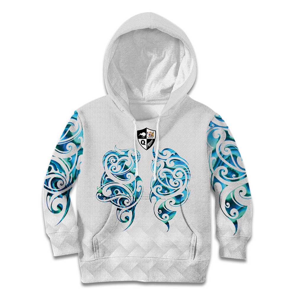Queensland Maori Kiwi Personalised Kid Hoodie Ma Kakariki Papua Shell Maori Tribal Tattoo LT9 Hoodie White - Polynesian Pride