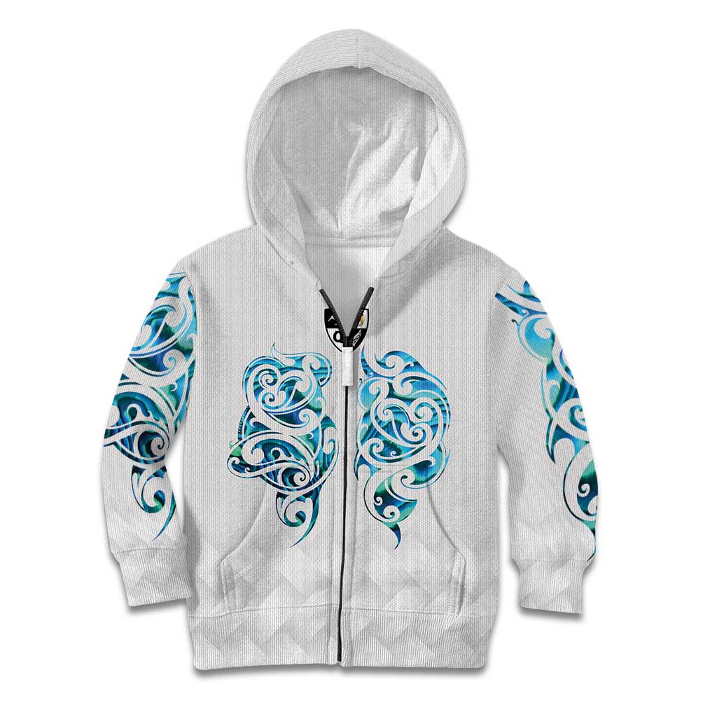 Queensland Maori Kiwi Personalised Kid Hoodie Ma Kakariki Papua Shell Maori Tribal Tattoo LT9 Zip Hoodie White - Polynesian Pride