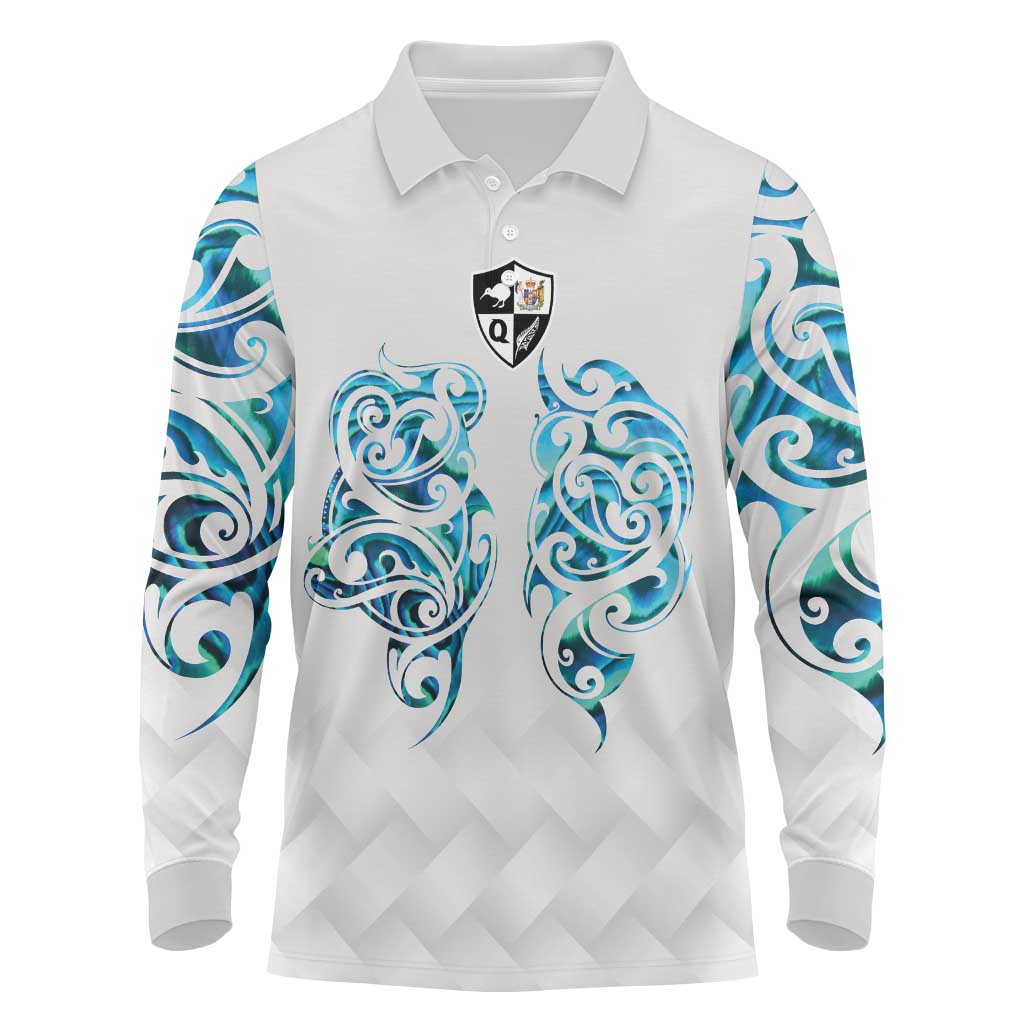 Queensland Maori Kiwi Personalised Long Sleeve Polo Shirt Ma Kakariki Papua Shell Maori Tribal Tattoo LT9 White - Polynesian Pride