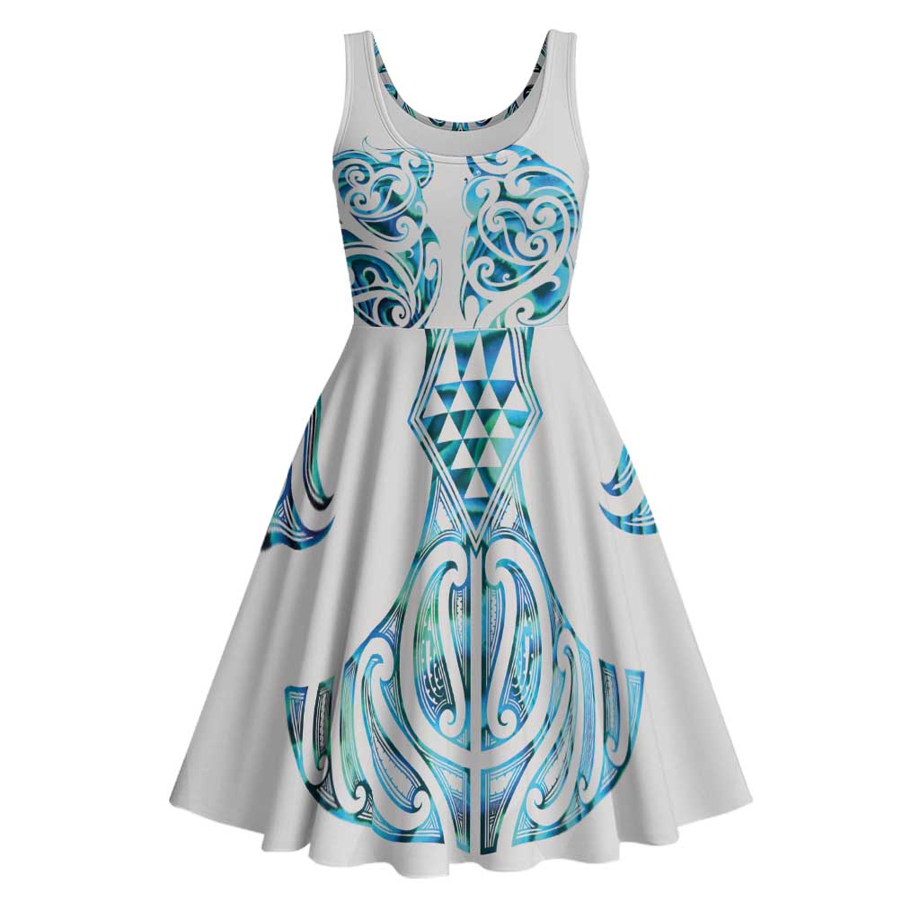 Queensland Maori Kiwi Personalised Midi Dress Ma Kakariki Papua Shell Maori Tribal Tattoo LT9 White - Polynesian Pride