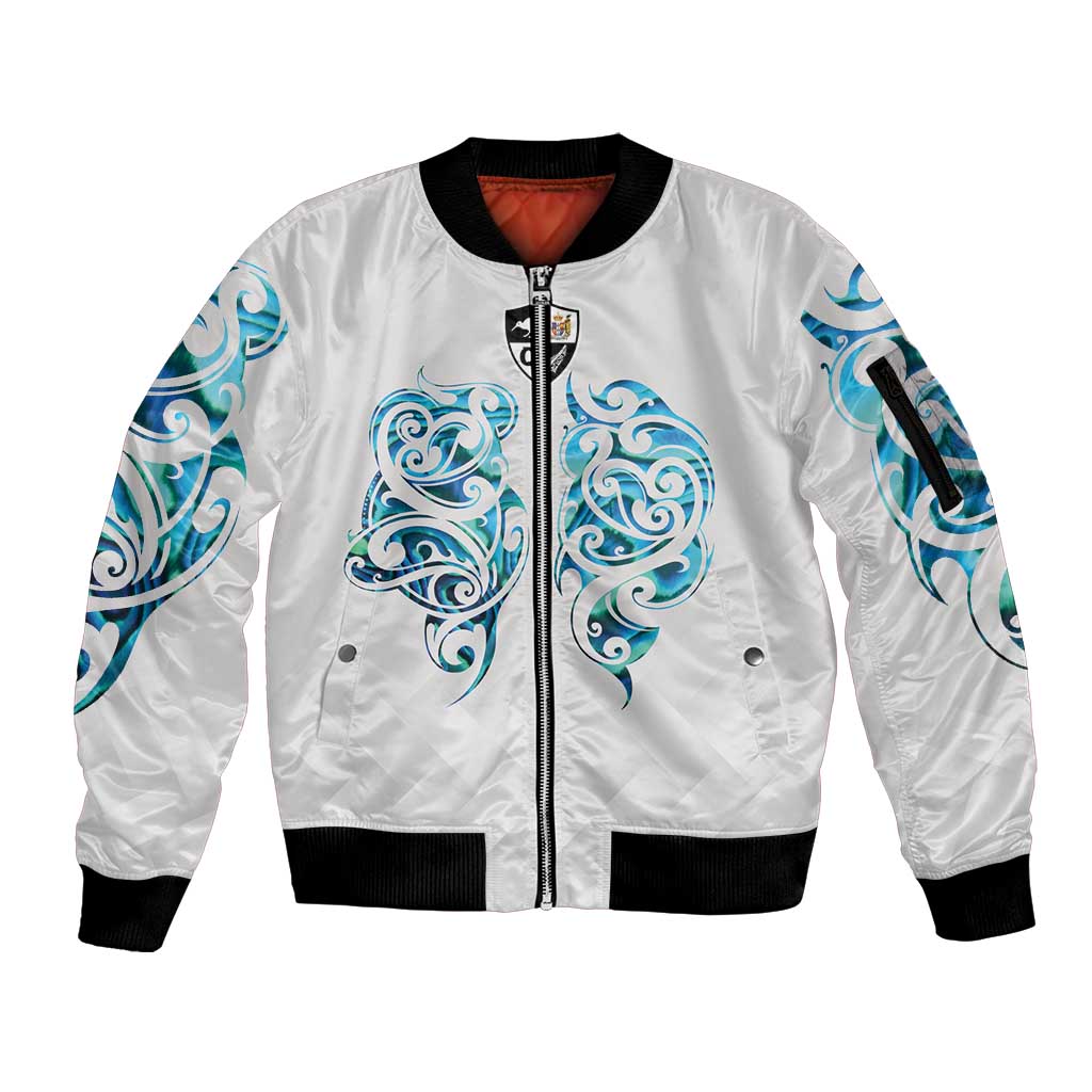 Queensland Maori Kiwi Personalised Sleeve Zip Bomber Jacket Ma Kakariki Papua Shell Maori Tribal Tattoo LT9 Unisex White - Polynesian Pride