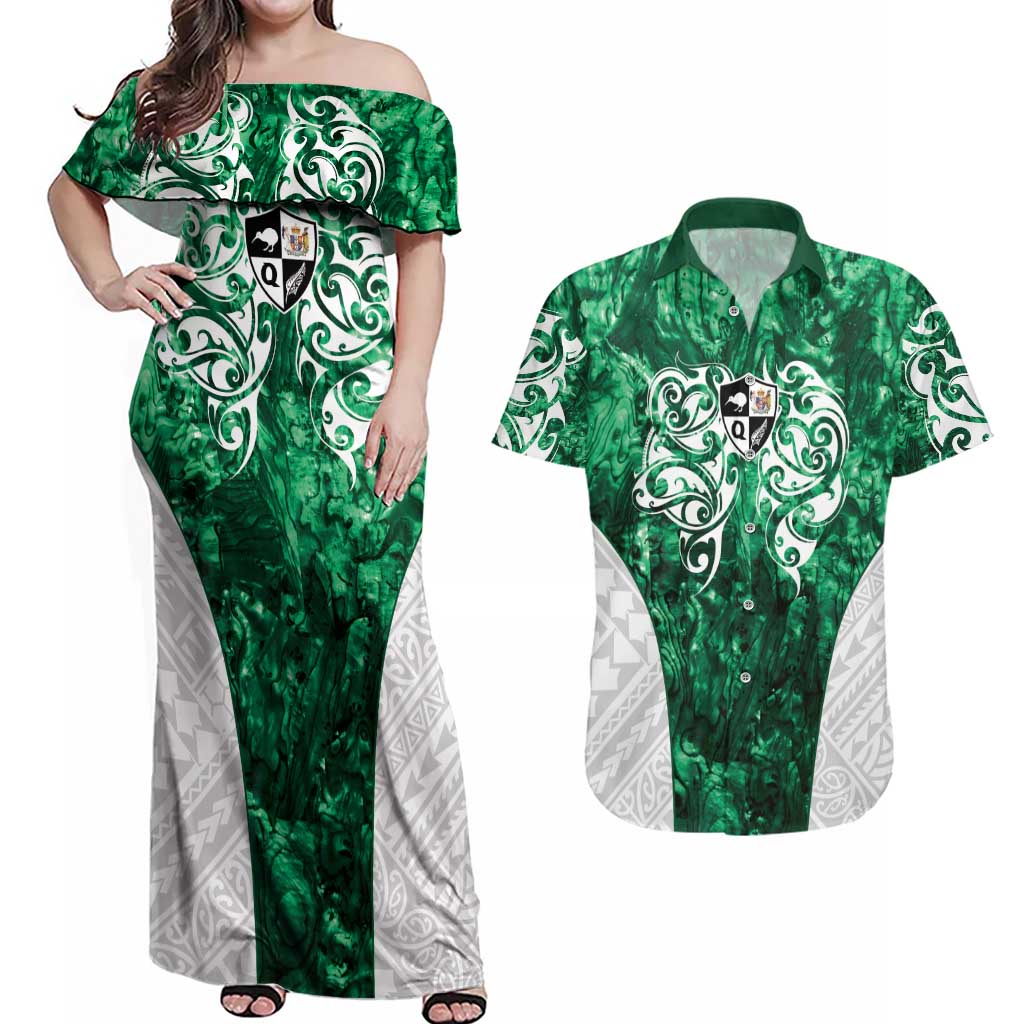 Queensland Maori Kiwi Personalised Couples Matching Off Shoulder Maxi Dress and Hawaiian Shirt Kikirangi Papua Shell Maori Tribal Tattoo LT9 Green - Polynesian Pride