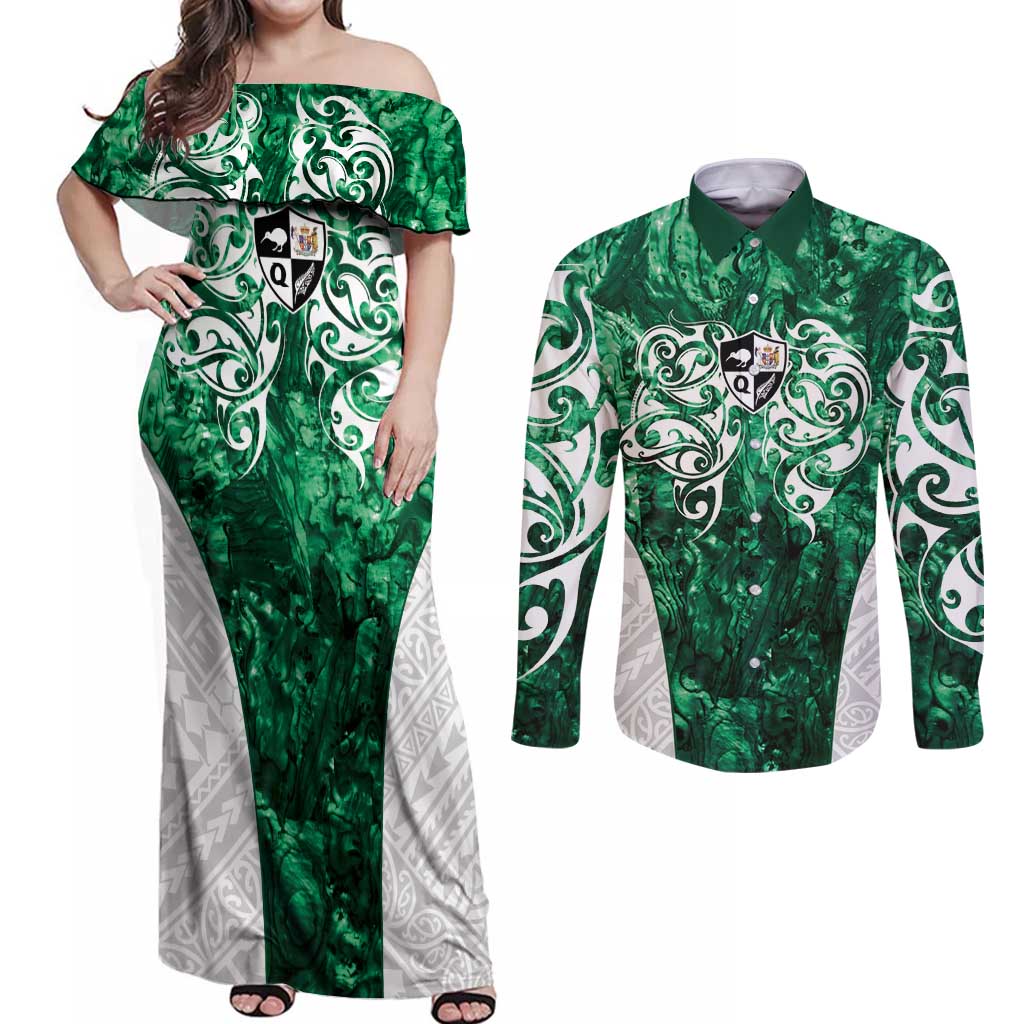 Queensland Maori Kiwi Personalised Couples Matching Off Shoulder Maxi Dress and Long Sleeve Button Shirt Kikirangi Papua Shell Maori Tribal Tattoo LT9 Green - Polynesian Pride
