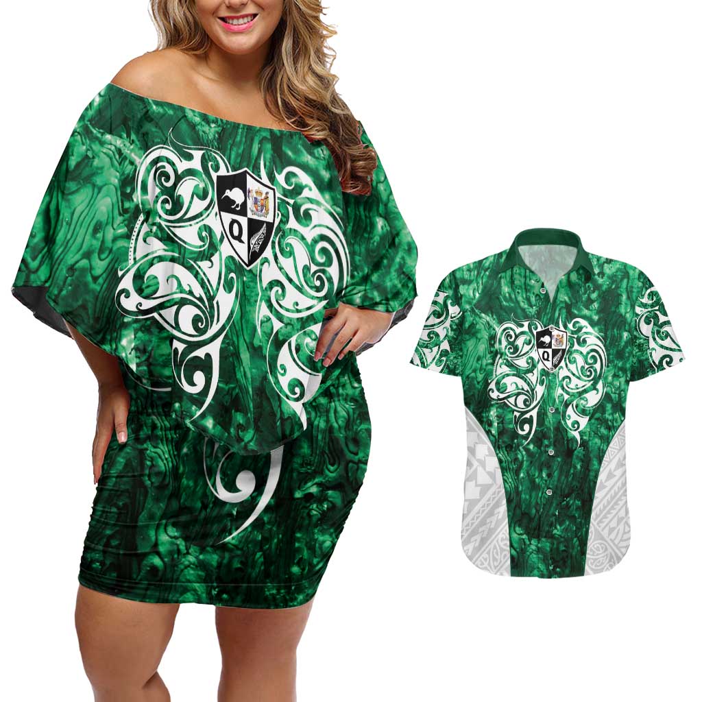 Queensland Maori Kiwi Personalised Couples Matching Off Shoulder Short Dress and Hawaiian Shirt Kikirangi Papua Shell Maori Tribal Tattoo LT9 Green - Polynesian Pride