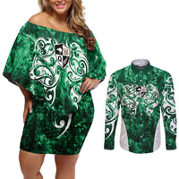 Queensland Maori Kiwi Personalised Couples Matching Off Shoulder Short Dress and Long Sleeve Button Shirt Kikirangi Papua Shell Maori Tribal Tattoo LT9 Green - Polynesian Pride