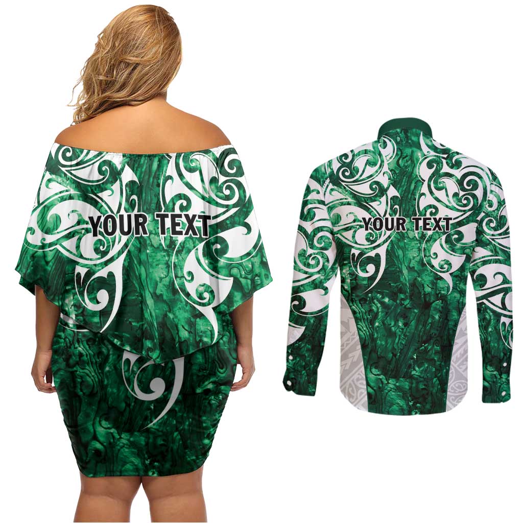 Queensland Maori Kiwi Personalised Couples Matching Off Shoulder Short Dress and Long Sleeve Button Shirt Kikirangi Papua Shell Maori Tribal Tattoo LT9 - Polynesian Pride
