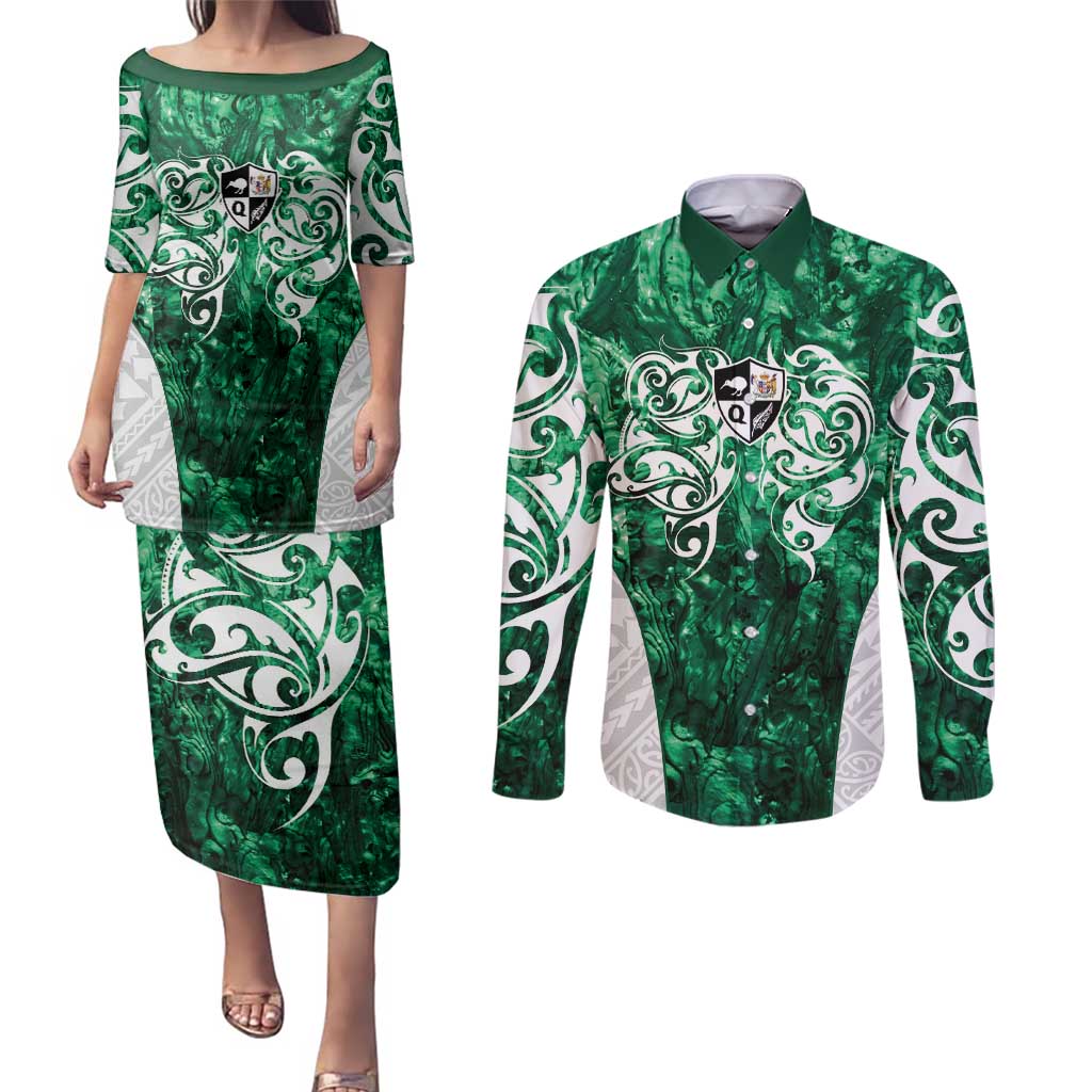 Queensland Maori Kiwi Personalised Couples Matching Puletasi and Long Sleeve Button Shirt Kikirangi Papua Shell Maori Tribal Tattoo LT9 Green - Polynesian Pride