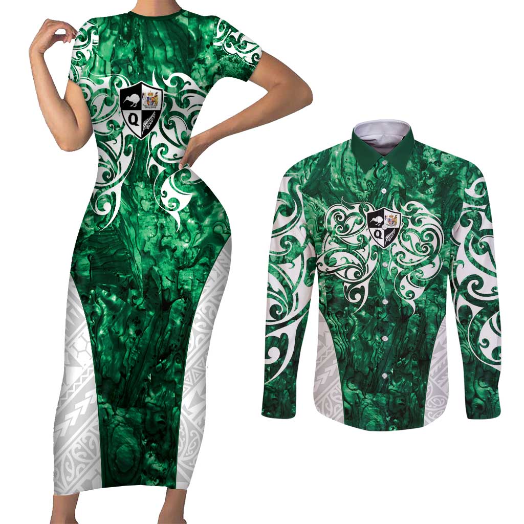 Queensland Maori Kiwi Personalised Couples Matching Short Sleeve Bodycon Dress and Long Sleeve Button Shirt Kikirangi Papua Shell Maori Tribal Tattoo LT9 Green - Polynesian Pride