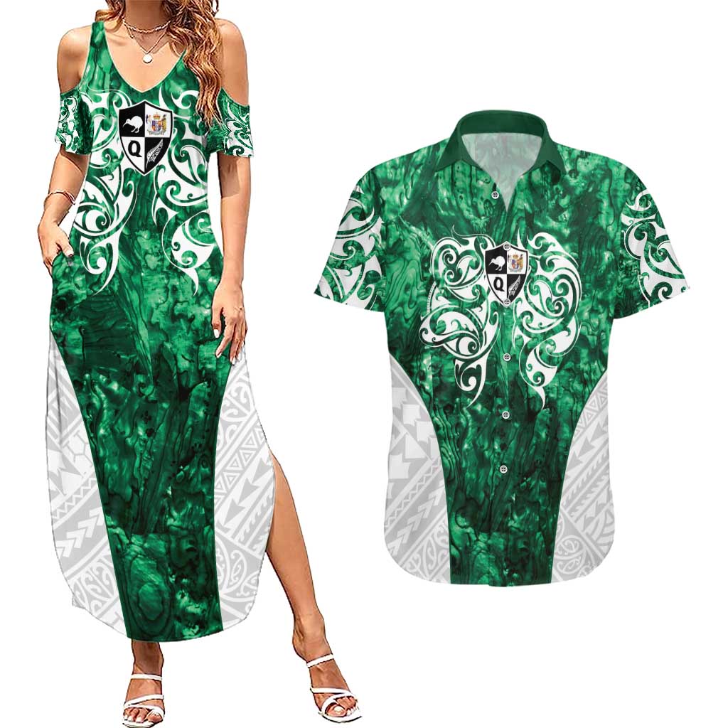 Queensland Maori Kiwi Personalised Couples Matching Summer Maxi Dress and Hawaiian Shirt Kikirangi Papua Shell Maori Tribal Tattoo LT9 Green - Polynesian Pride