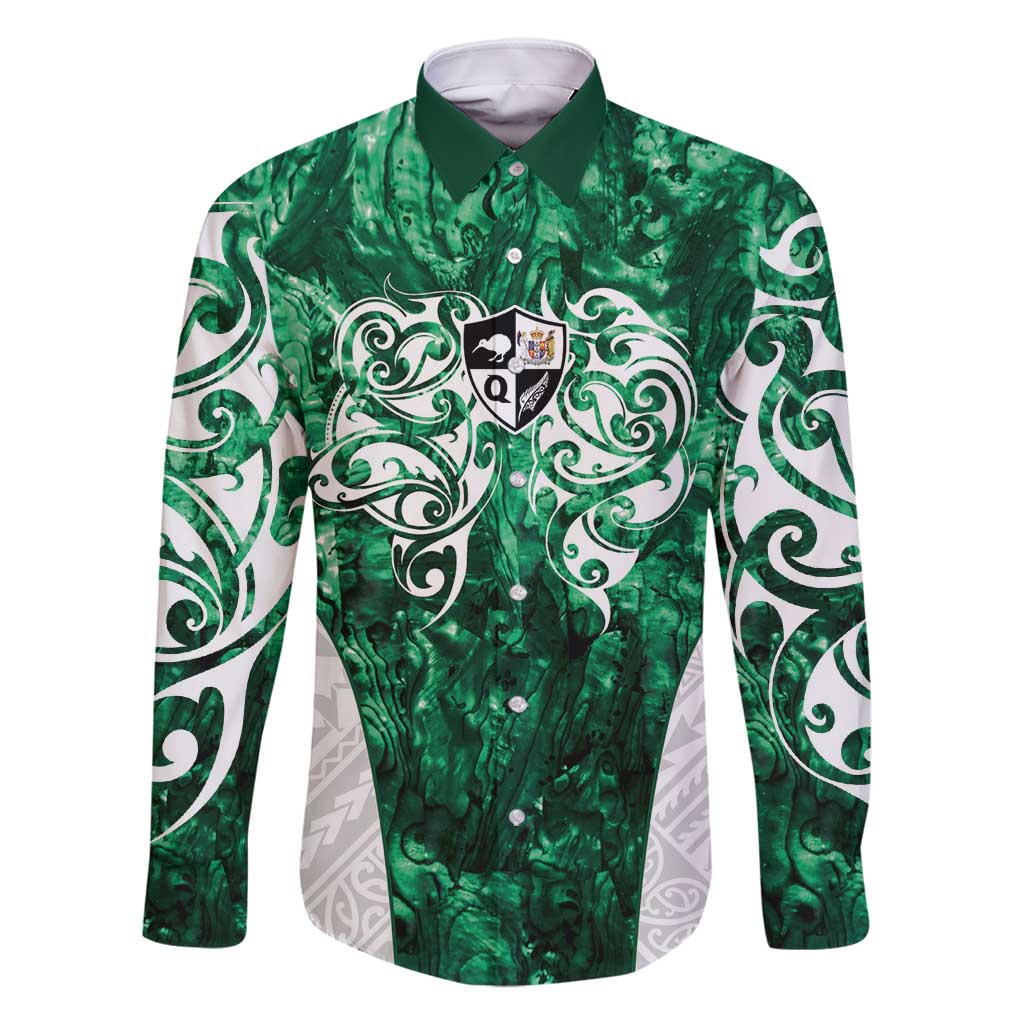 Queensland Maori Kiwi Personalised Family Matching Long Sleeve Bodycon Dress and Hawaiian Shirt Kikirangi Papua Shell Maori Tribal Tattoo LT9 Dad's Shirt - Long Sleeve Green - Polynesian Pride