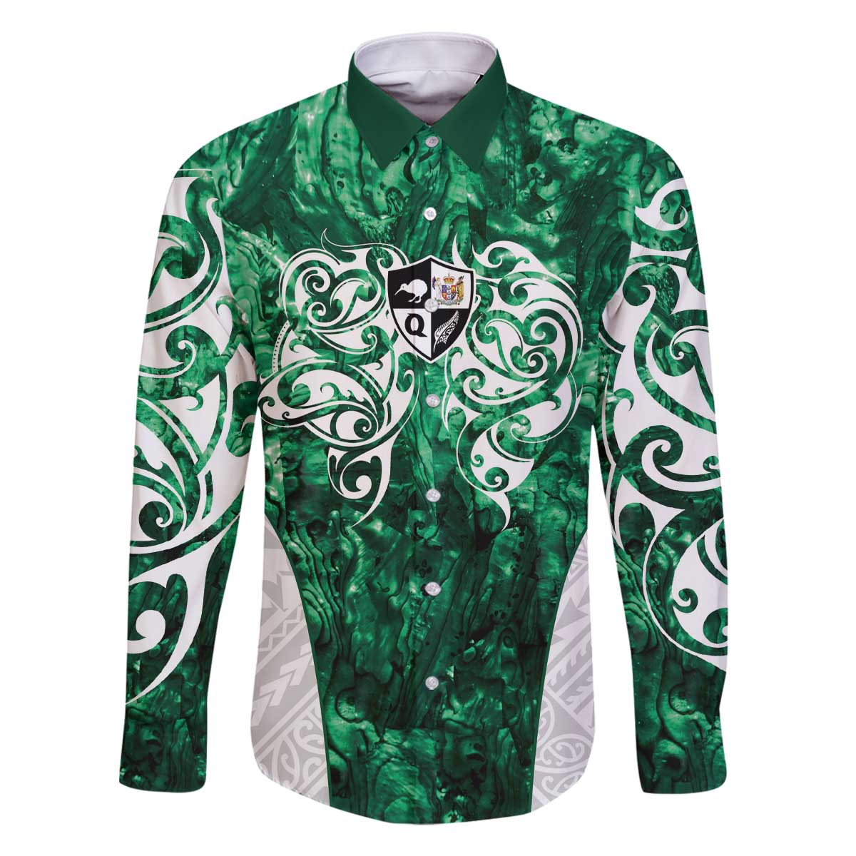 Queensland Maori Kiwi Personalised Family Matching Off The Shoulder Long Sleeve Dress and Hawaiian Shirt Kikirangi Papua Shell Maori Tribal Tattoo LT9 Dad's Shirt - Long Sleeve Green - Polynesian Pride