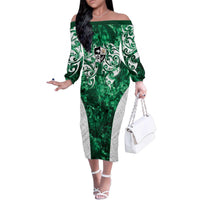 Queensland Maori Kiwi Personalised Family Matching Off The Shoulder Long Sleeve Dress and Hawaiian Shirt Kikirangi Papua Shell Maori Tribal Tattoo LT9 Mom's Dress Green - Polynesian Pride
