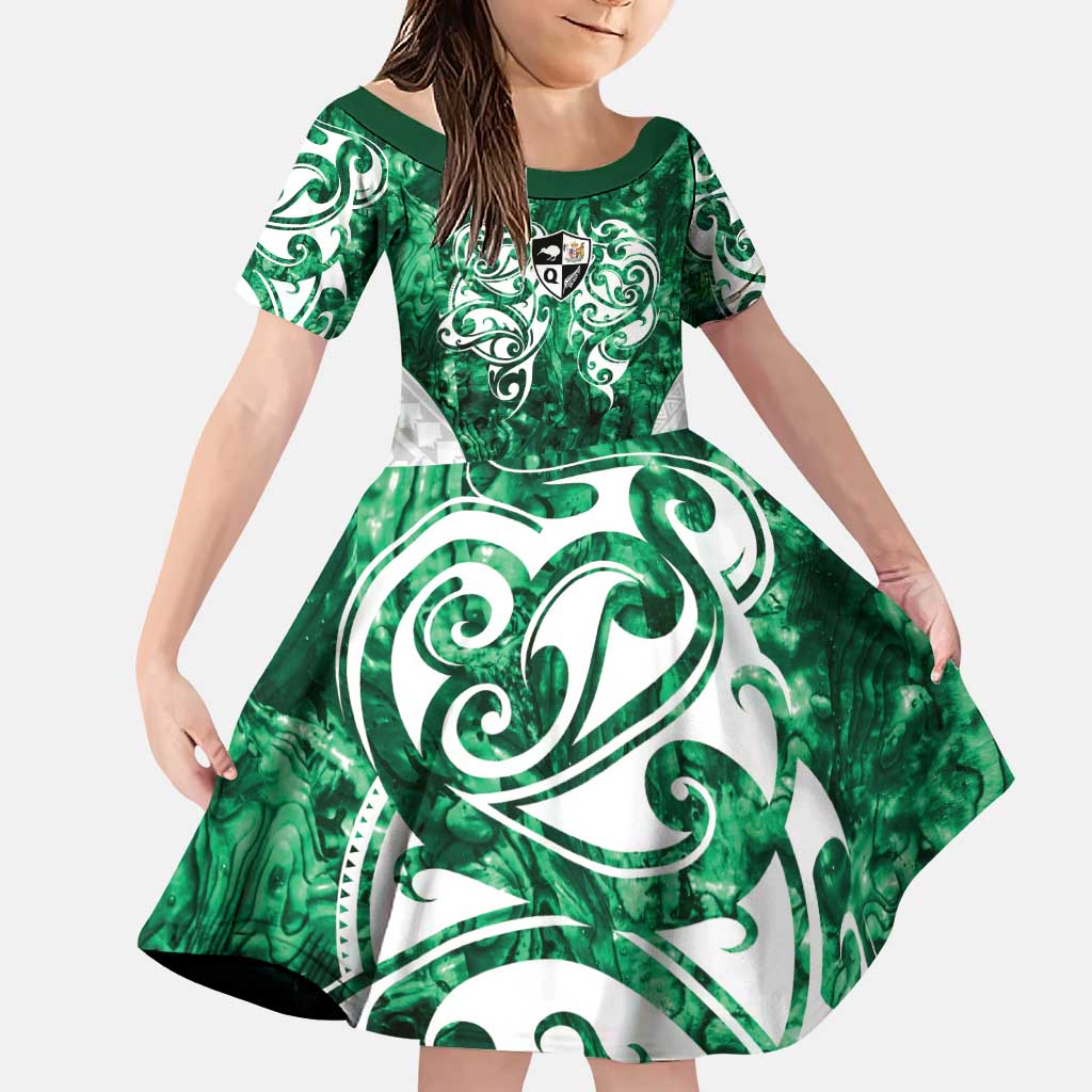 Queensland Maori Kiwi Personalised Family Matching Puletasi and Hawaiian Shirt Kikirangi Papua Shell Maori Tribal Tattoo LT9 Daughter's Dress Green - Polynesian Pride