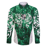 Queensland Maori Kiwi Personalised Family Matching Tank Maxi Dress and Hawaiian Shirt Kikirangi Papua Shell Maori Tribal Tattoo LT9 Dad's Shirt - Long Sleeve Green - Polynesian Pride