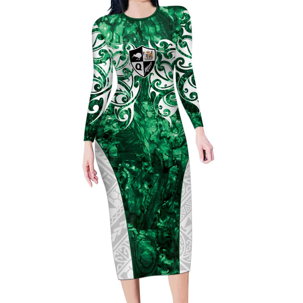 Queensland Maori Kiwi Personalised Long Sleeve Bodycon Dress Kikirangi Papua Shell Maori Tribal Tattoo LT9 Long Dress Green - Polynesian Pride