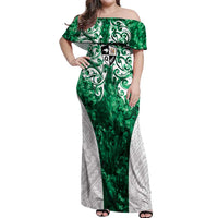 Queensland Maori Kiwi Personalised Off Shoulder Maxi Dress Kikirangi Papua Shell Maori Tribal Tattoo LT9 Women Green - Polynesian Pride
