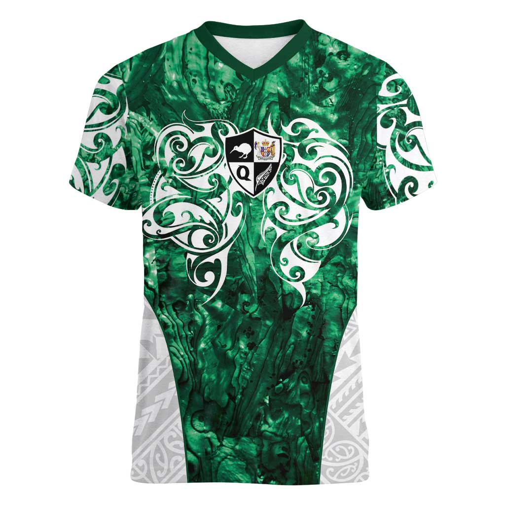 Queensland Maori Kiwi Personalised Women V-Neck T-Shirt Kikirangi Papua Shell Maori Tribal Tattoo LT9 Female Green - Polynesian Pride