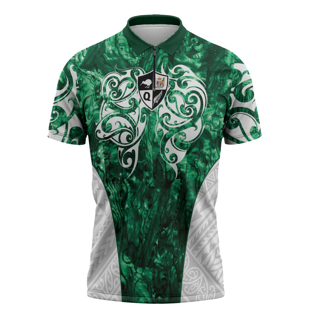 Queensland Maori Kiwi Personalised Zipper Polo Shirt Kikirangi Papua Shell Maori Tribal Tattoo LT9 Green - Polynesian Pride