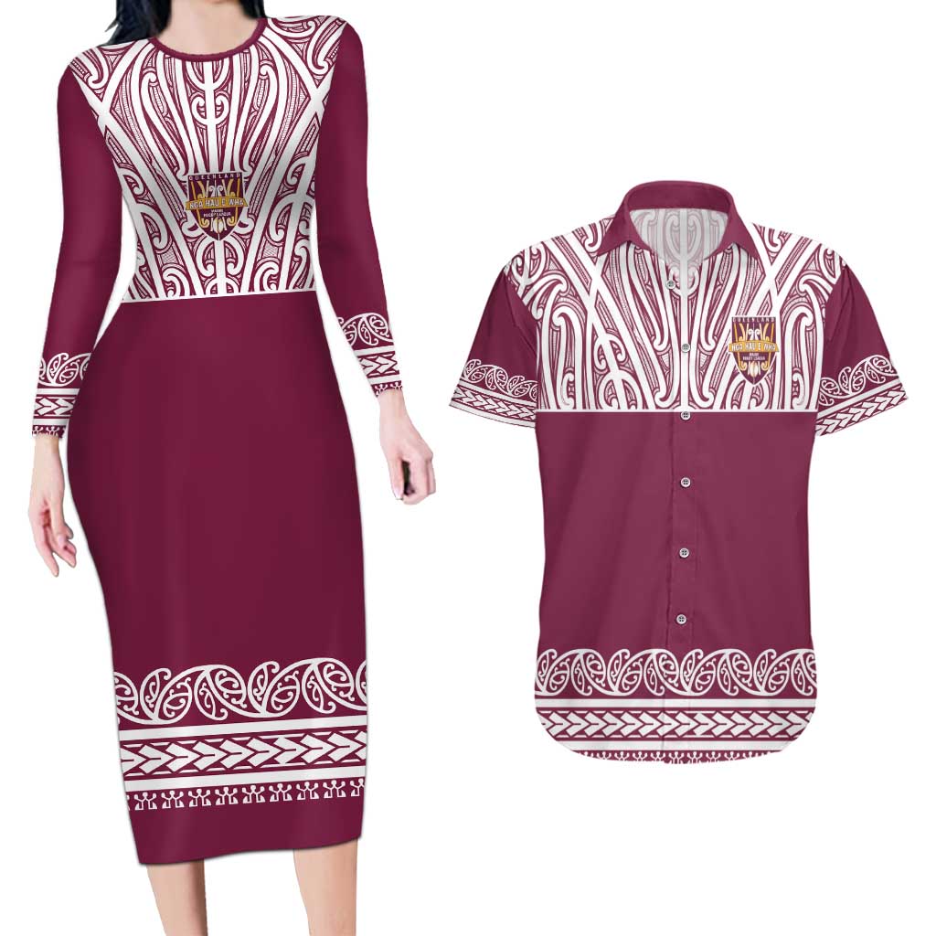 Queensland Maori Nga Hau E Wha Custom Couples Matching Long Sleeve Bodycon Dress and Hawaiian Shirt Polynesian Maori Tribal Pattern LT9 Maroon - Polynesian Pride