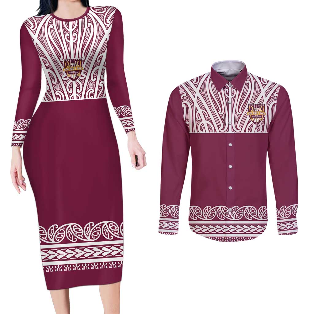 Queensland Maori Nga Hau E Wha Custom Couples Matching Long Sleeve Bodycon Dress and Long Sleeve Button Shirt Polynesian Maori Tribal Pattern LT9 Maroon - Polynesian Pride
